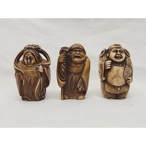 3 Netsuke Japanese 3" figurines, Hard Resin Vintage 1950s 1960s RARE